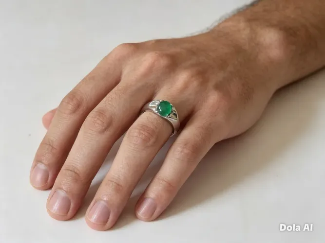 Anel masculino com esmeralda natural em base de prata banhada.