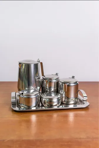 Conjunto para Café/Chá em Aço Inox com Bandeja - 6 Peças