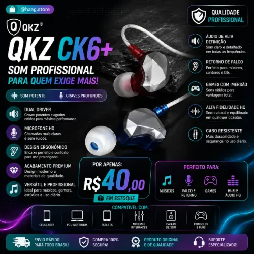 Fone profissional QKZ CK6+/Para Retorno De Palco-games-djs/Hi-Fi/Alta Qualidade HQ