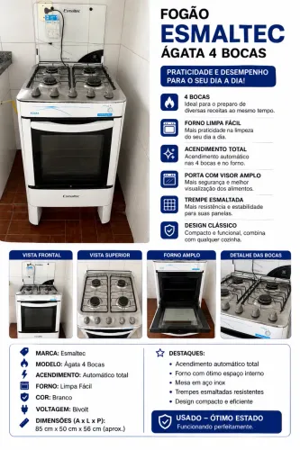 Fogão Esmaltec Ágata 4 Bocas com Acendimento Automático
