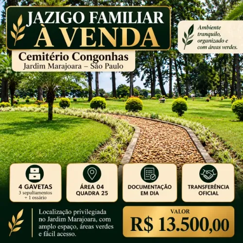 Jazigo Familiar à Venda | Cemitério Congonhas | 4 Gavetas | Zona Sul SP