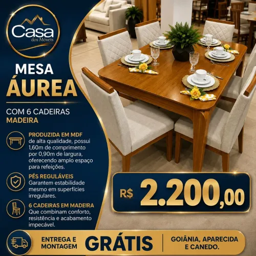Mesa Áurea com 6 Cadeiras em Madeira