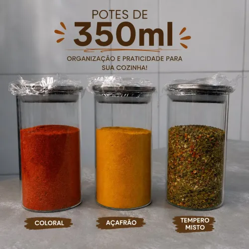 Potes pra temperos DE VIDRO COM TAMPAS DE INOX 350ml