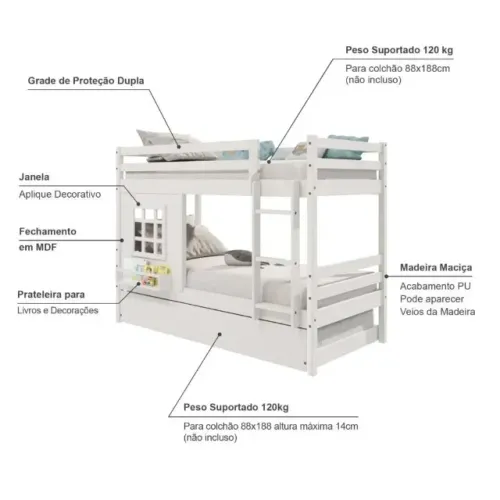 Treliche Infantil com Janela Madeira Maciça Branco Housin