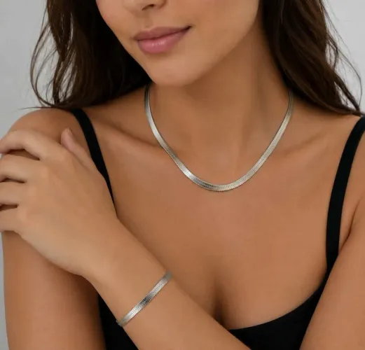 Conjunto laminado colar e pulseira em Aço Inoxidável