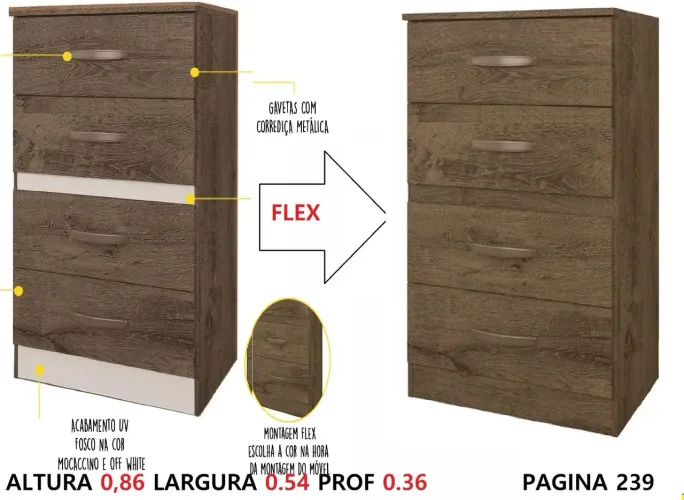 Comoda 4 gavetas flex rustico 