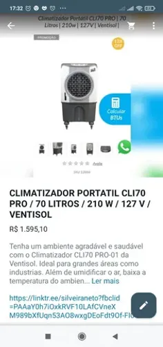 Climatizador portatil cl170 / 70 litros / 210 e 127 w ventisol 
