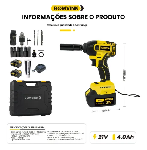 Chave de Impacto Recarregável 21V Bomvink BOM-9966 - Potência e Durabilidade Profissional