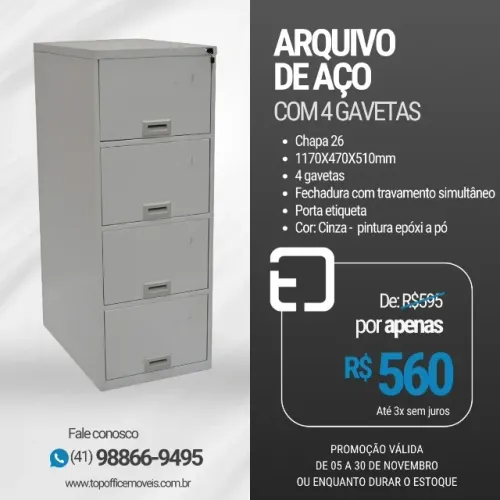 Promoção Arquivo de Aço 4 Gavetas - Arquivo de Aço com 4 Gavetas em Promoção