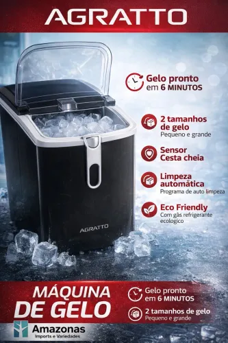 Máquina de Gelo Agratto - Gelo Pronto em 6 Minutos | 2 Tamanhos | Automática