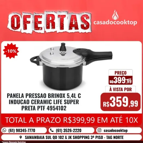 PANELA PRESSAO BRINOX 5,4L C/ INDUCAO CERAMIC LIFE SUPER PRETA PTF COD: 4954102