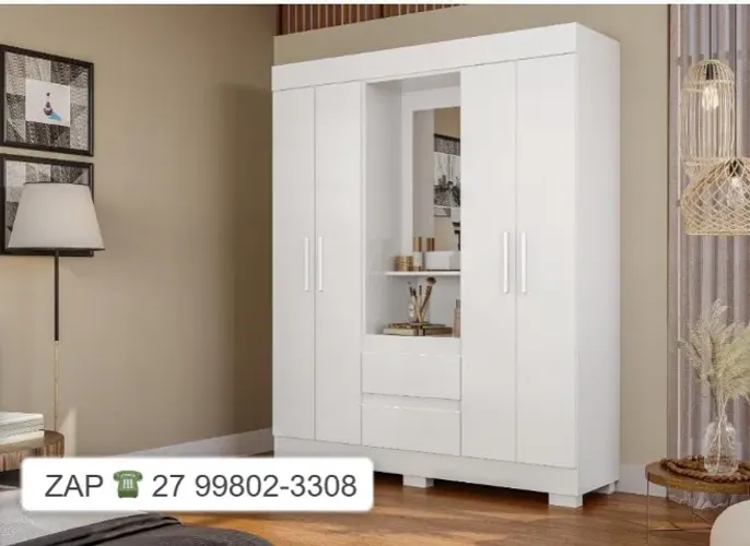 -Guarda Roupa Isabely 4 Portas com Espelho e Pés - BRANCO