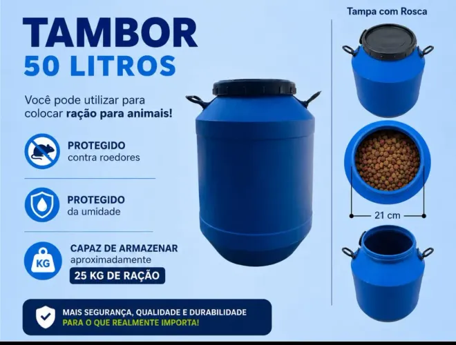Tambor de 50 litros de plástico com tampa rosca ideal para água ração ou grão