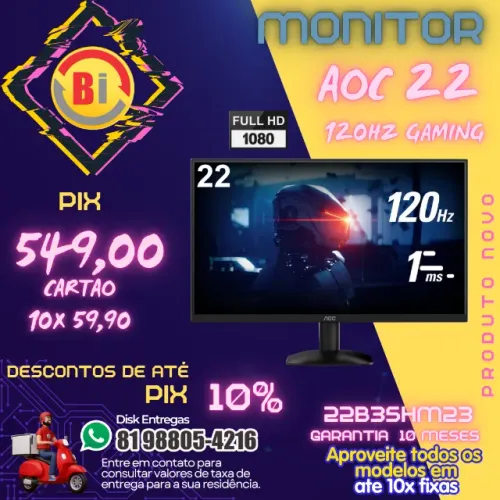 Monitor AOC, 22? 120Hz, 22B35HM23, 1ms Gaming, HDMI - Em ate 10x Fixas Novo