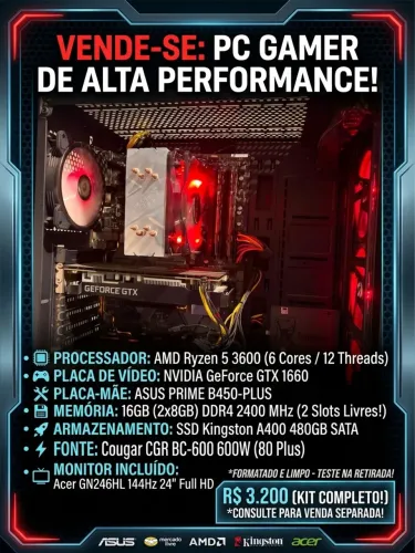 PC Gamer Ryzen 5 3600 + GTX 1660 + 16GB RAM + Monitor 144Hz Acer
