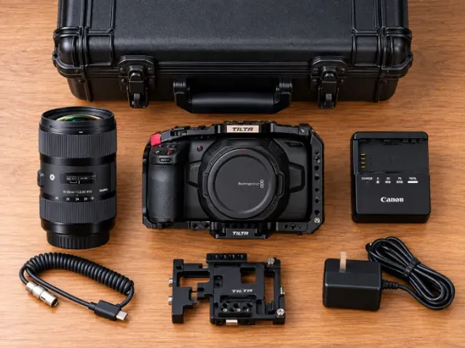 Câmera Blackmagic Cinema Camera Pocket 6K + Sigma 18-35 + Cage Tilta + Maleta
