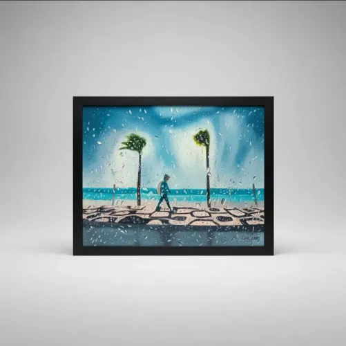 Quadro Pintura Original Copacabana Em Gotas Com Moldura