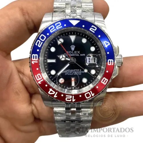 Relogio ROLEX GMT Master II Premium Prata com Mostrador Preto 