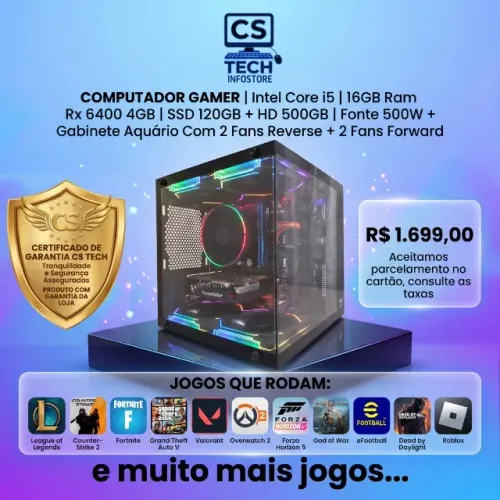 Computador Pc Gamer Intel Core i5 | 16GB RAM | RX 6400 4GB | SSD + HD | Gabinete Aquário