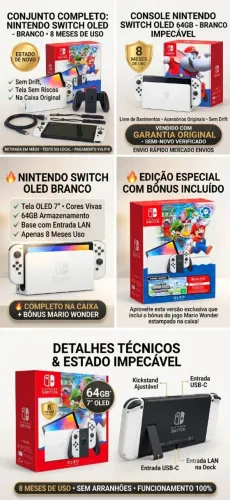 Nintendo Switch OLED Branco Impecável 8 Meses Uso