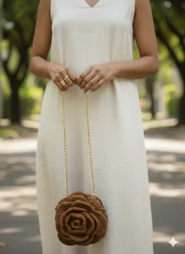 bolsa em crochê formato de rosa