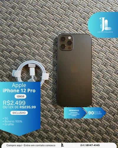 IPHONE 12 PRO, 128GB, GRAFITE, BAT 100%, SEMINOVO, EXCLUSIVO!
