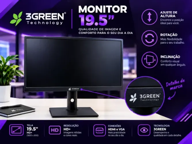 5 Unidades Monitores 3green Technology , 19.5" ajuste de altura, rotação, inclinação.