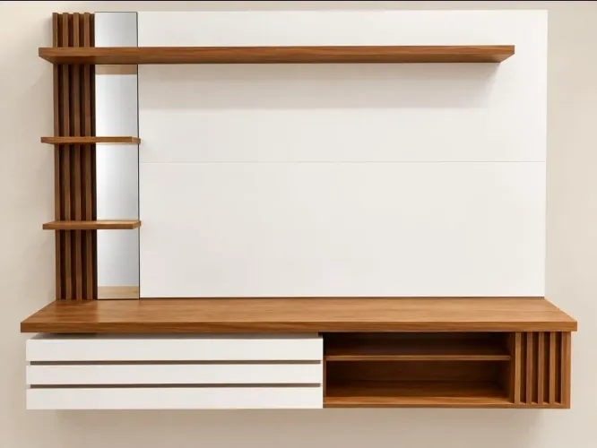 Painel de TV Suspenso com Rack e Gavetas - Madeira e Branco
