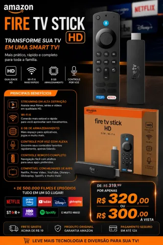 ? Amazon Fire TV Stick HD 8GB + Controle por Voz Alexa | Wi-Fi 6