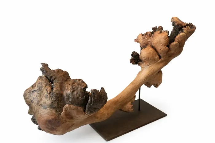 : Escultura em madeira natural com base metálica, peça única de decoracao