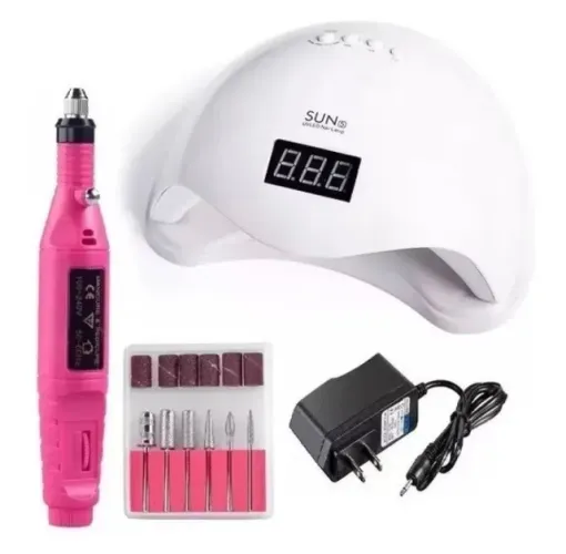 ?Kit Cabine Sun 5 Led 48w + Lixa Elétrica Unha Gel Acrigel Manicure + Top Coat da Volia