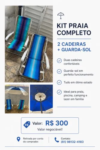 KIT PRAIA COMPLETO 2 CADEIRAS + GUARDA-SOL