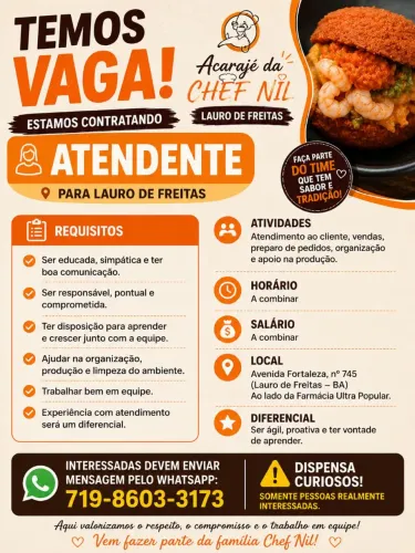 Estamos contratando uma atendente para integrar nossa equipe
