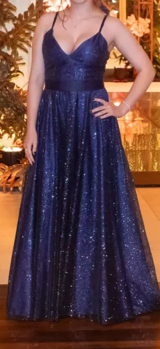 Vestido de festa Longo Azul Marinho com Brilho  
