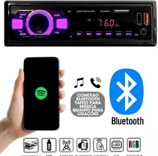 Rádio Mp3 Roadstar Bluetooth Usb Carrega Celular 7 Cores Led