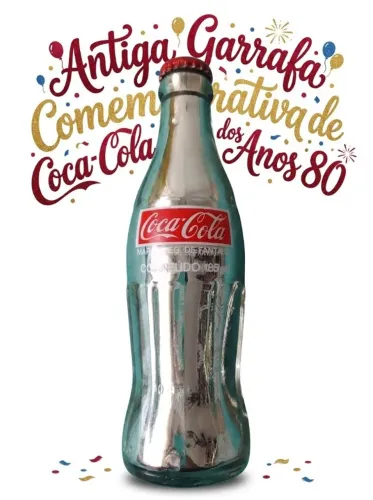 Garrafa antiga promocional da Coca-Cola com acabamento cromado ou espelhado, lacrada, 185