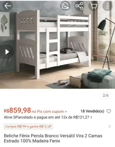 Beliche Pérola 100% MDF - Pode Virar 2 Camas de Solteiro