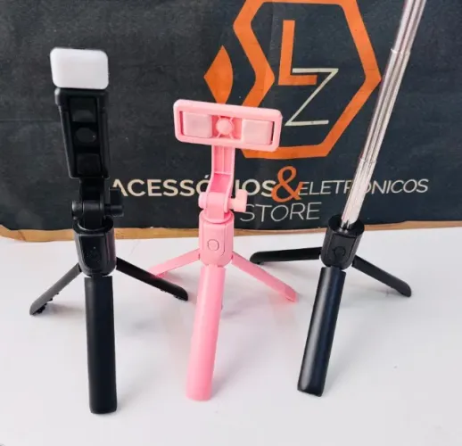 2 em 1 - Tripé e pau de selfie com controle bluetotoh - Corres preto e Rosa