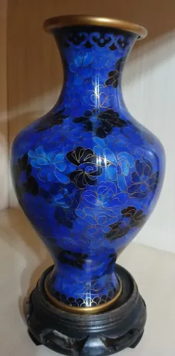 Vaso Cloisonné Vintage Anos 80 Azul Royal 20,5cm + Base Madeira