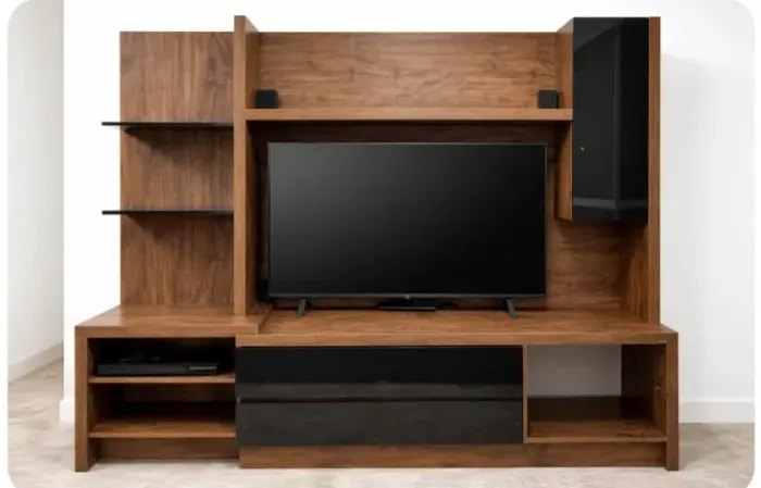 Rack/Home Theater planejado em MDF amadeirado com detalhes em preto