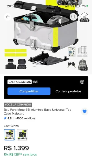 Baú de alumínio 65 litros para moto