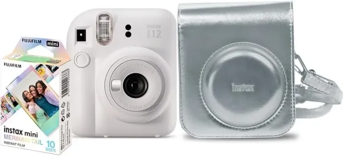 Kit Câmera Instax Mini 12 com pack 10 fotos Mermaid Tail e Bolsa Prateada