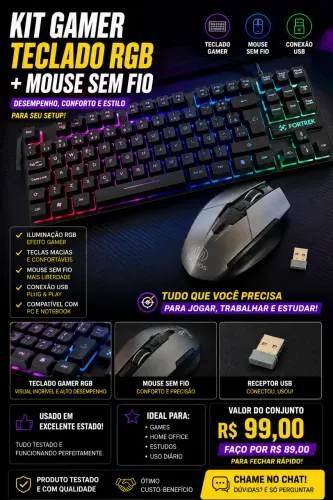 Kit Gamer - Teclado RGB + Mouse Sem Fio