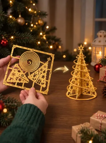 Árvore de Natal 3D Dourada Montável | Cartão Natalino Criativo, Presente Diferente e Lembr