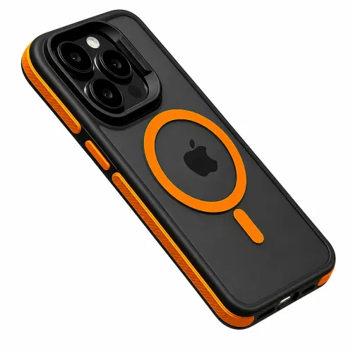 Capa Capinha Preto Fosco Transparente Com detalhes Laranja MagSafe P/ Iphone 15/16 Pro Max