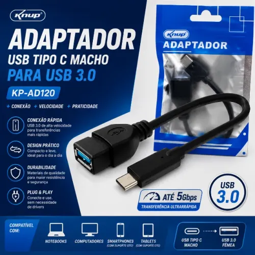 Adaptador USB Tipo C Macho para USB 3.0 KNUP - KP-AD120