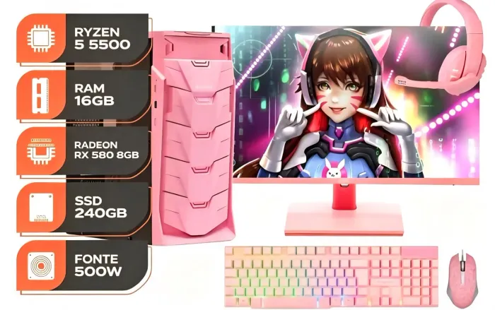 Novo PC Gamer Rosa Completo Ryzen 5 5500, RX 580, 16Gb / 240Gb NF e Garantia