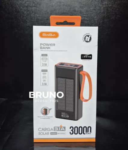 Power Bank 30000mAh Solar com 4 USB e Carga Rápida 3.1A