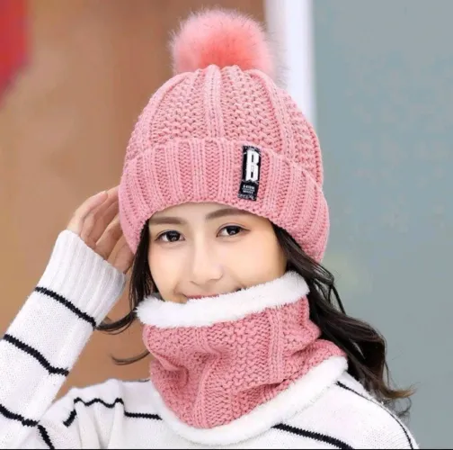 Conjunto de Gorro e Gola Rosa de Inverno