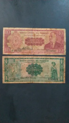 2 Notas Antigas Paraguai, 1 e 10 Guaranis.